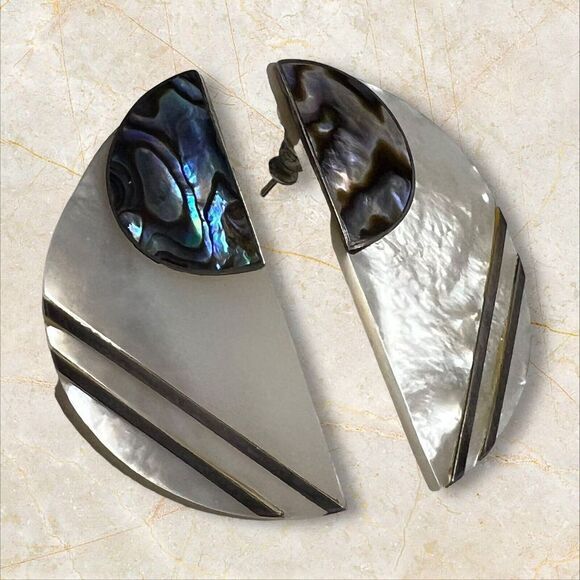 Vintage‎ Women's Mother of Pearl/Shell/Abalone and Sterling Silver Stud Earrings - Picture 7 of 14